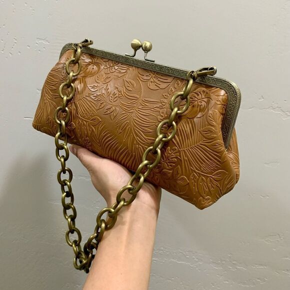Handmade Genuine Leather Embossed Leaves Kisslock Clutch/Shoulder Bag/Crossbody - Picture 5 of 13